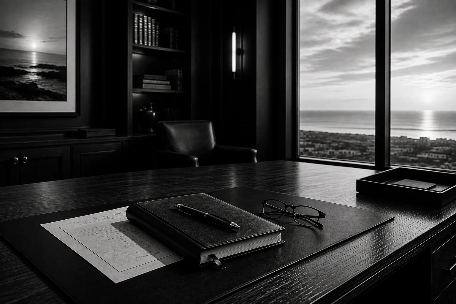 A quiet office desk with a notebook, pen, and reading glasses overlooking the Gulf Coast at dusk