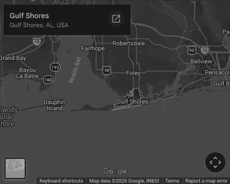 Map of the Alabama Gulf Coast service area served by Praesidium Protective Services — Gulf Shores, Foley, Fairhope, and the Mobile Bay region